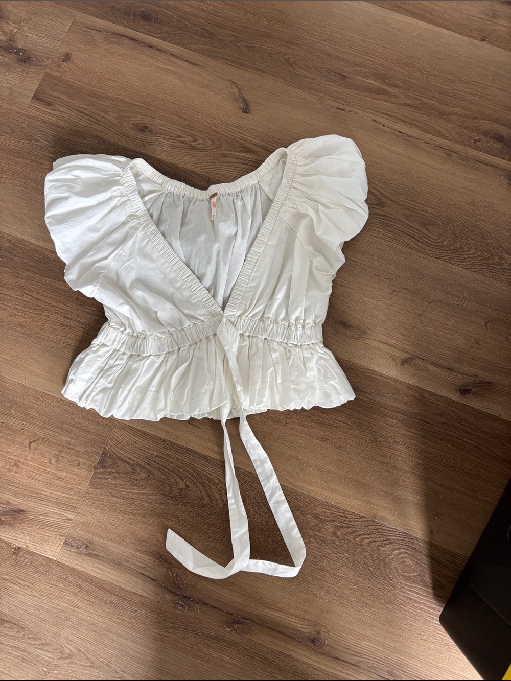 Free People White Puff Sleeve Tie-Front Peplum Top